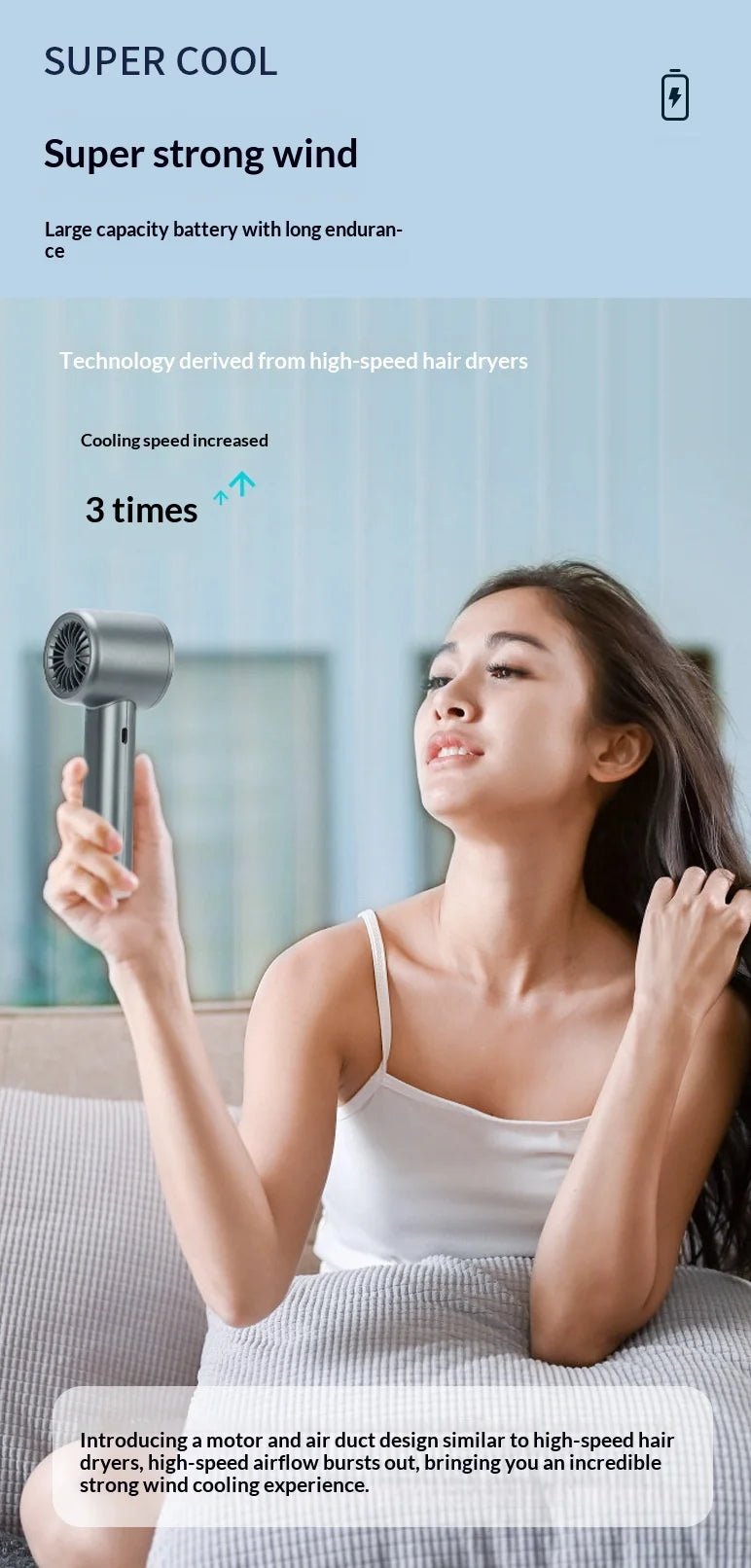 HOMEFISH Portable Handheld Fan – USB Rechargeable, High-Speed, Personal Cooling