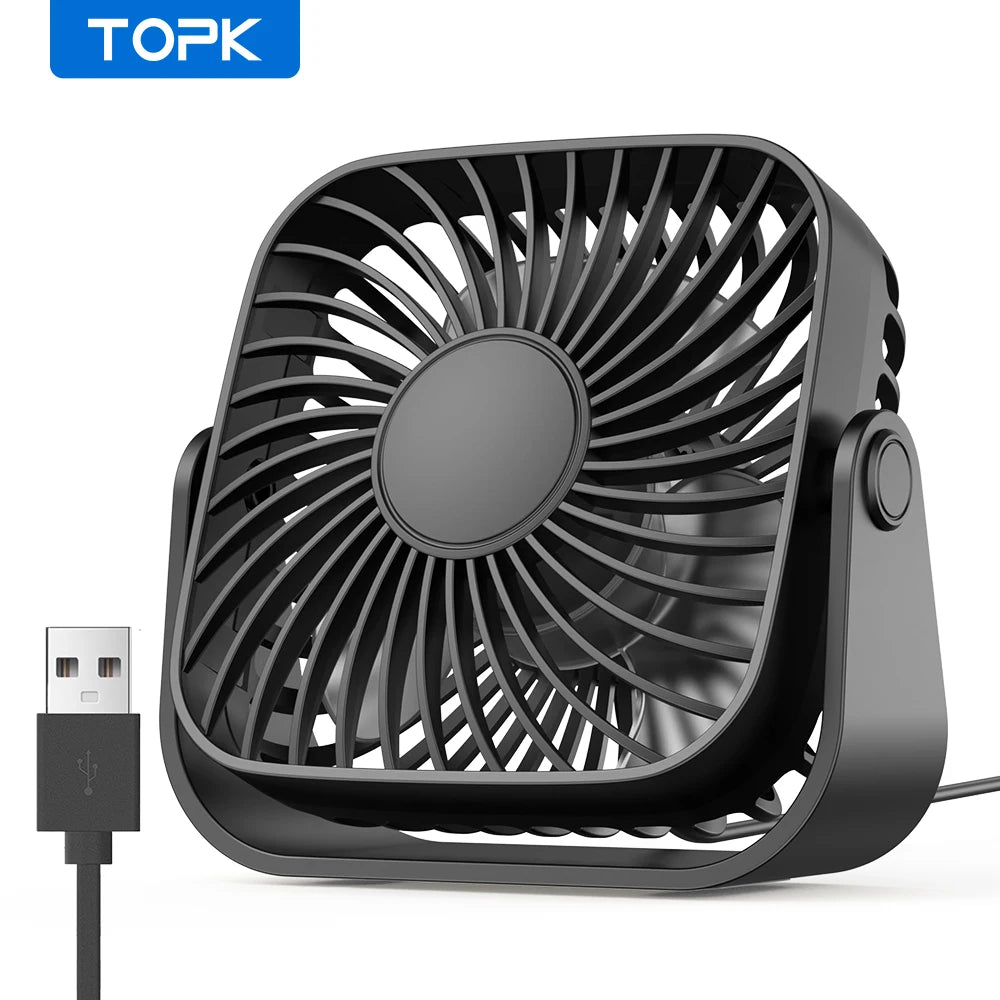 TOPK 4-Inch USB Mini Portable Fan – 3 Speeds, 360° Adjustable, for Camping & Home