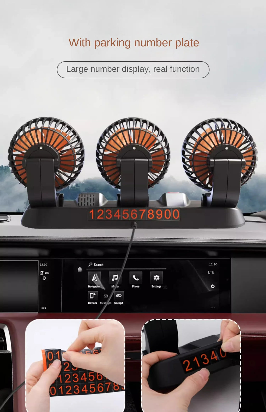 3-Head Car Fan – 360° Adjustable, USB/12V/24V, 2 Speeds