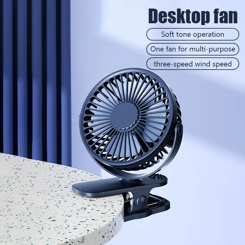 Portable Clip on Fan USB Desk Fan 3 Speeds Quiet Wind Rotate Personal Electric Fan Standing Fans For Office Student Deskto