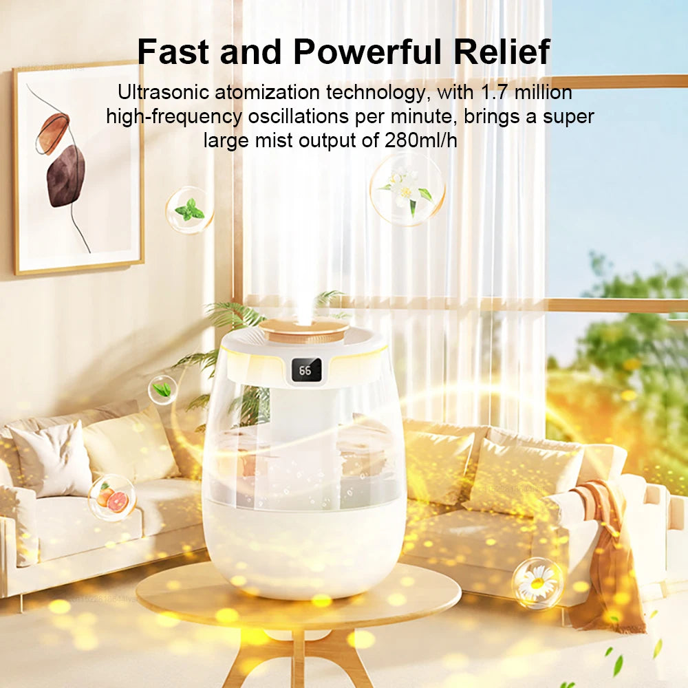 White ultrasonic humidifier emitting cool mist with warm night glow
