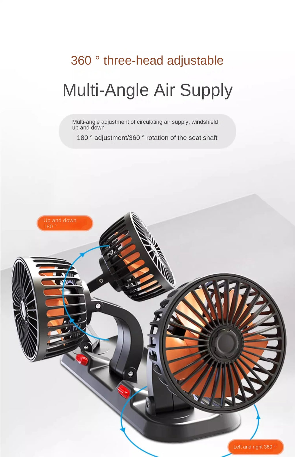3-Head Car Fan – 360° Adjustable, USB/12V/24V, 2 Speeds