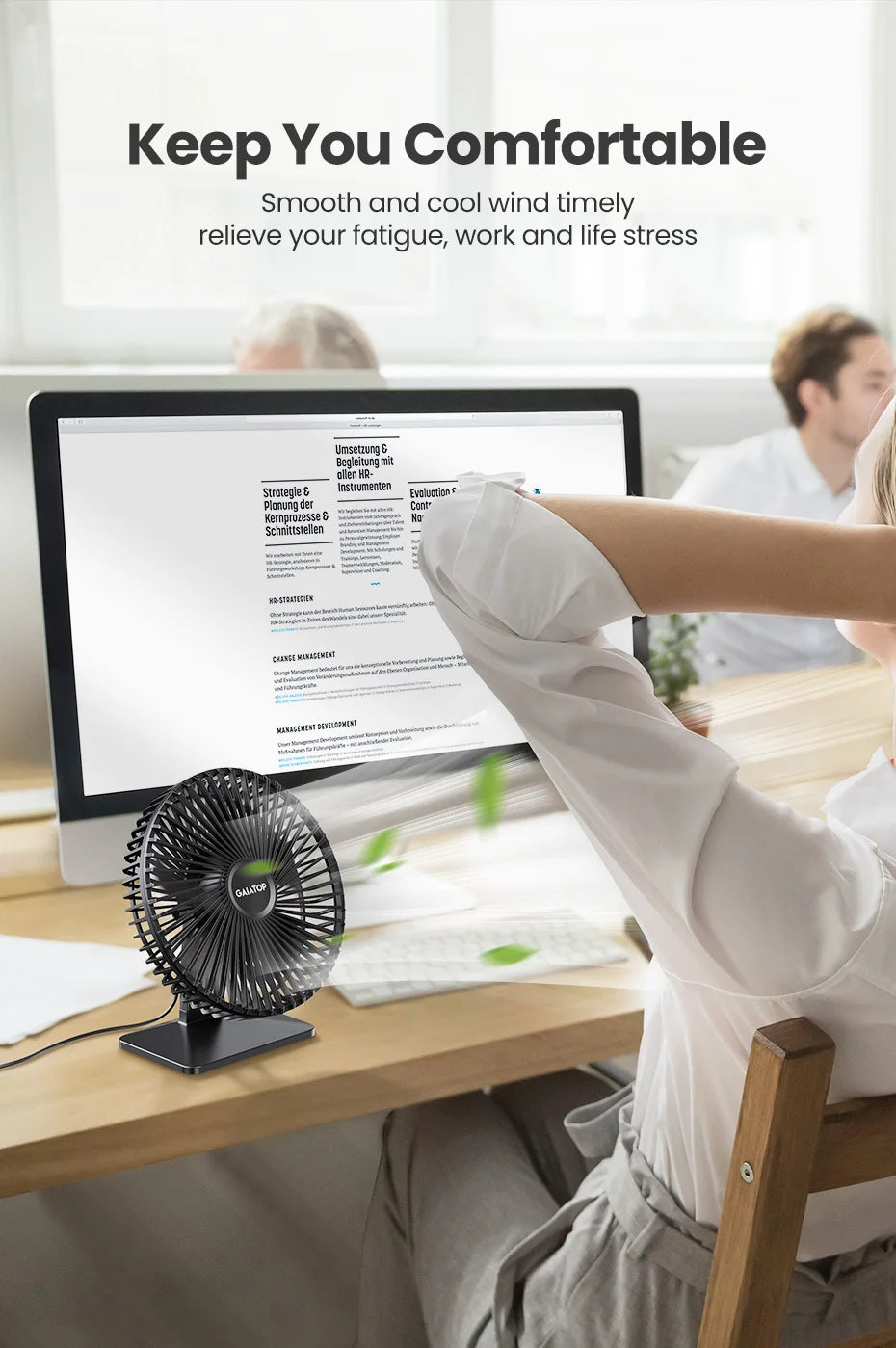 GAIATOP Portable USB Desk Fan – 90° Tilt, 3 Speeds, Ultra Quiet