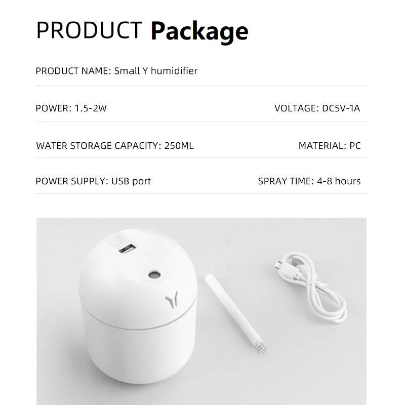 250ml USB Mini Air Humidifier & Aroma Diffuser – Ultrasonic, LED Colour Lamp, for Home & Car