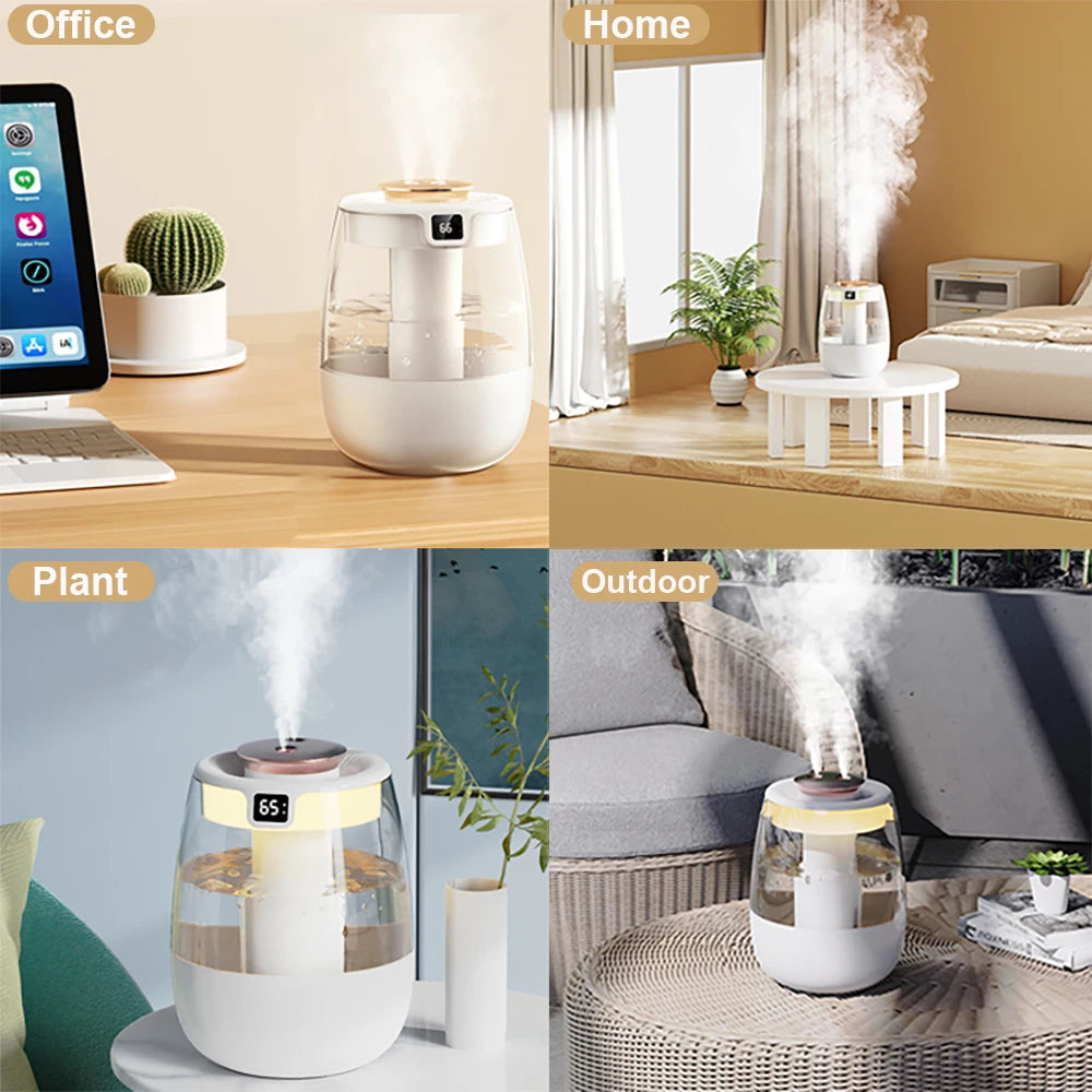 White cool mist humidifier shown in home and office use with mist