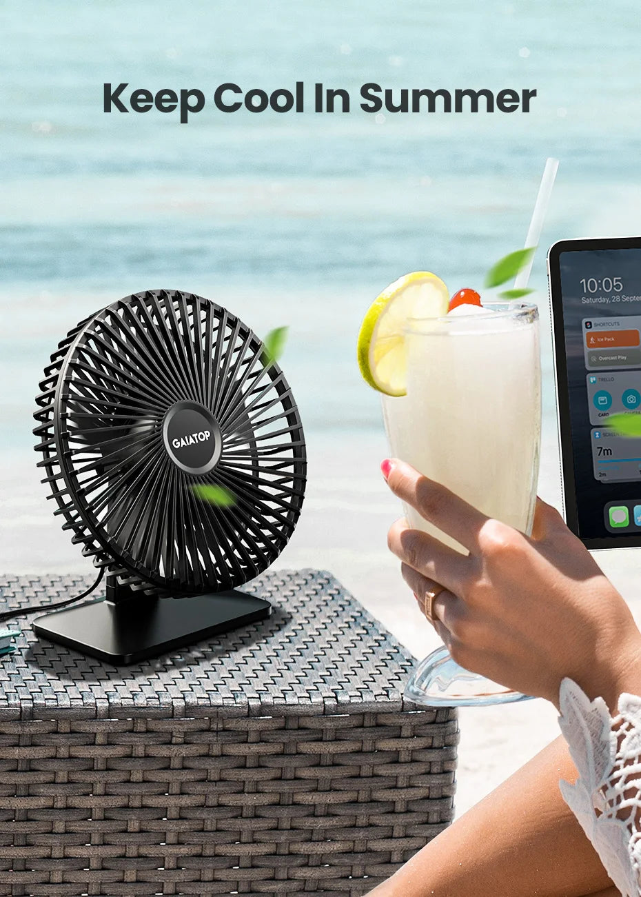 GAIATOP Portable USB Desk Fan – 90° Tilt, 3 Speeds, Ultra Quiet