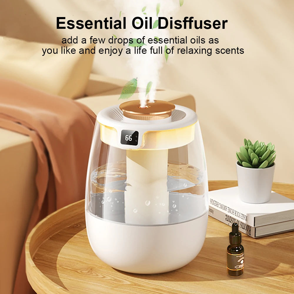 White cool mist air humidifier with transparent tank and LED temperature display