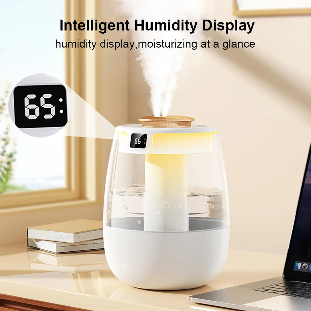 White cool mist humidifier with digital humidity display showing 65