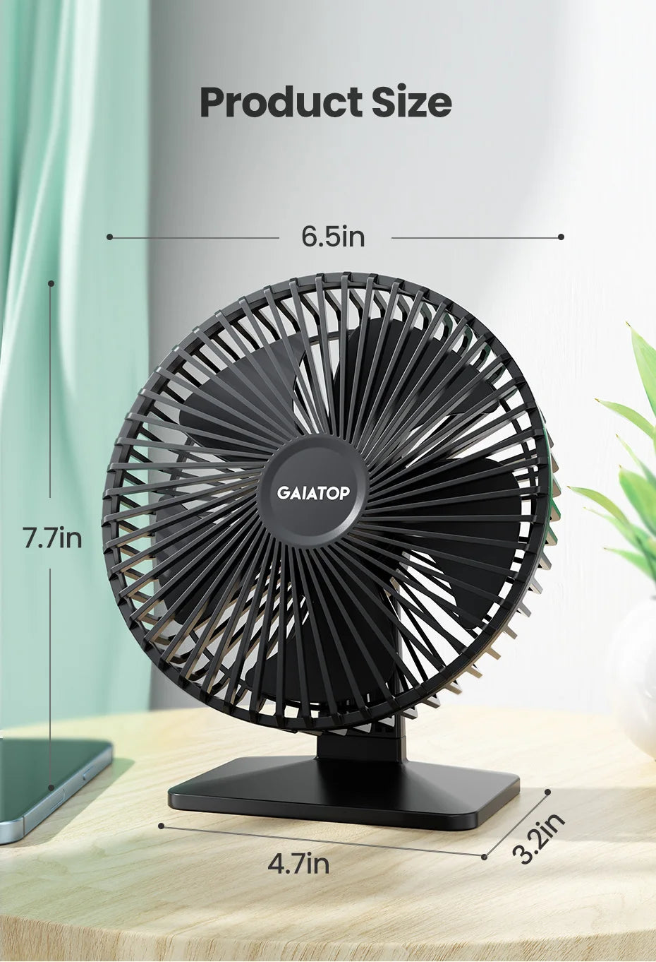 GAIATOP Portable USB Desk Fan – 90° Tilt, 3 Speeds, Ultra Quiet