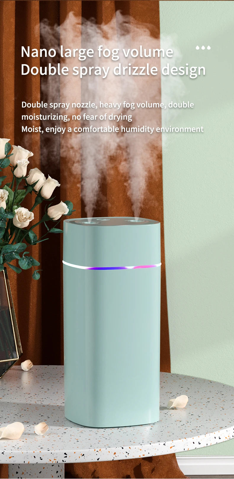Creative Dual Nozzle Desktop Humidifier – USB, 7 Colour Ambient Light, Aromatherapy