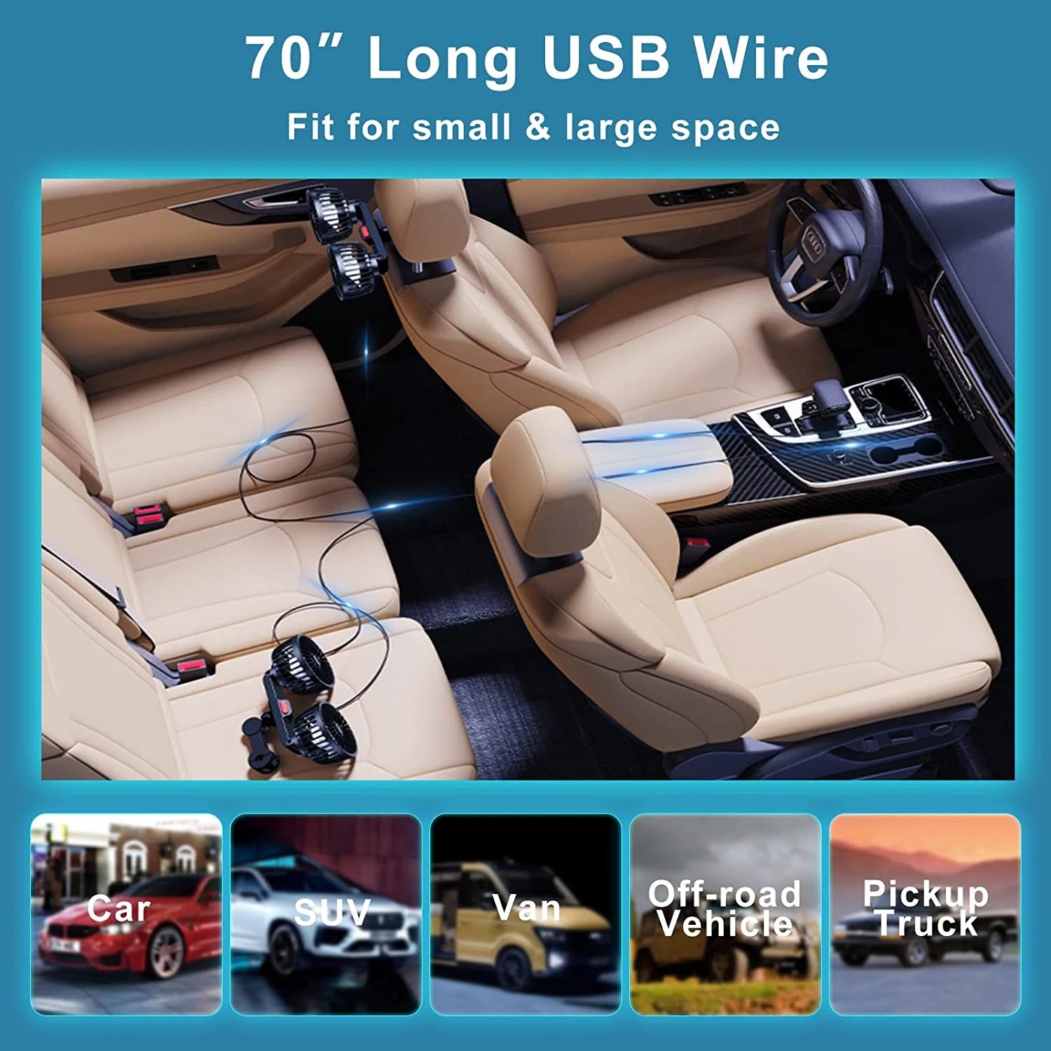 Car Seat Cooling Fan – 360° Dual Head USB