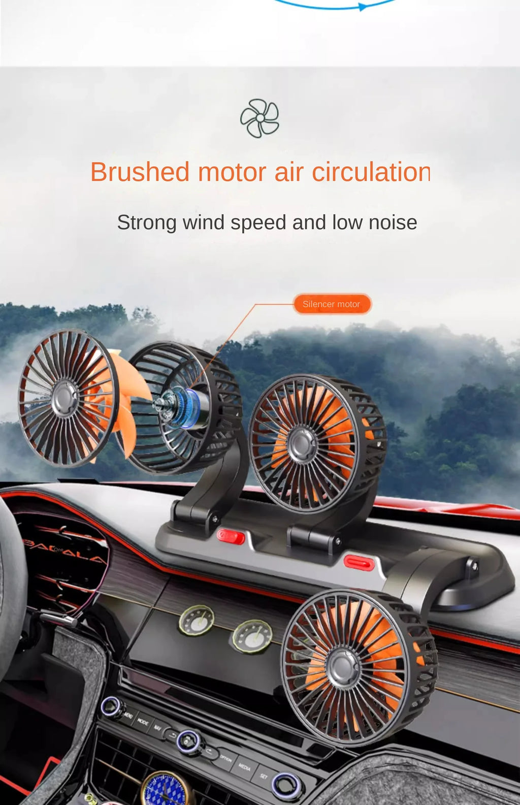 3-Head Car Fan – 360° Adjustable, USB/12V/24V, 2 Speeds