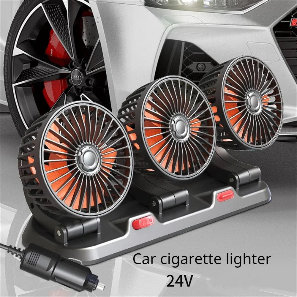 3-Head Car Fan – 360° Adjustable, USB/12V/24V, 2 Speeds