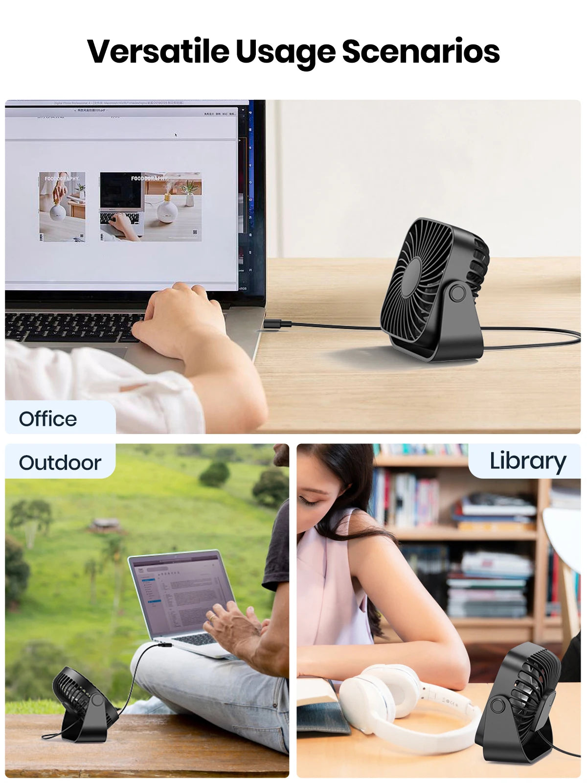 TOPK 4-Inch USB Mini Portable Fan – 3 Speeds, 360° Adjustable, for Camping & Home