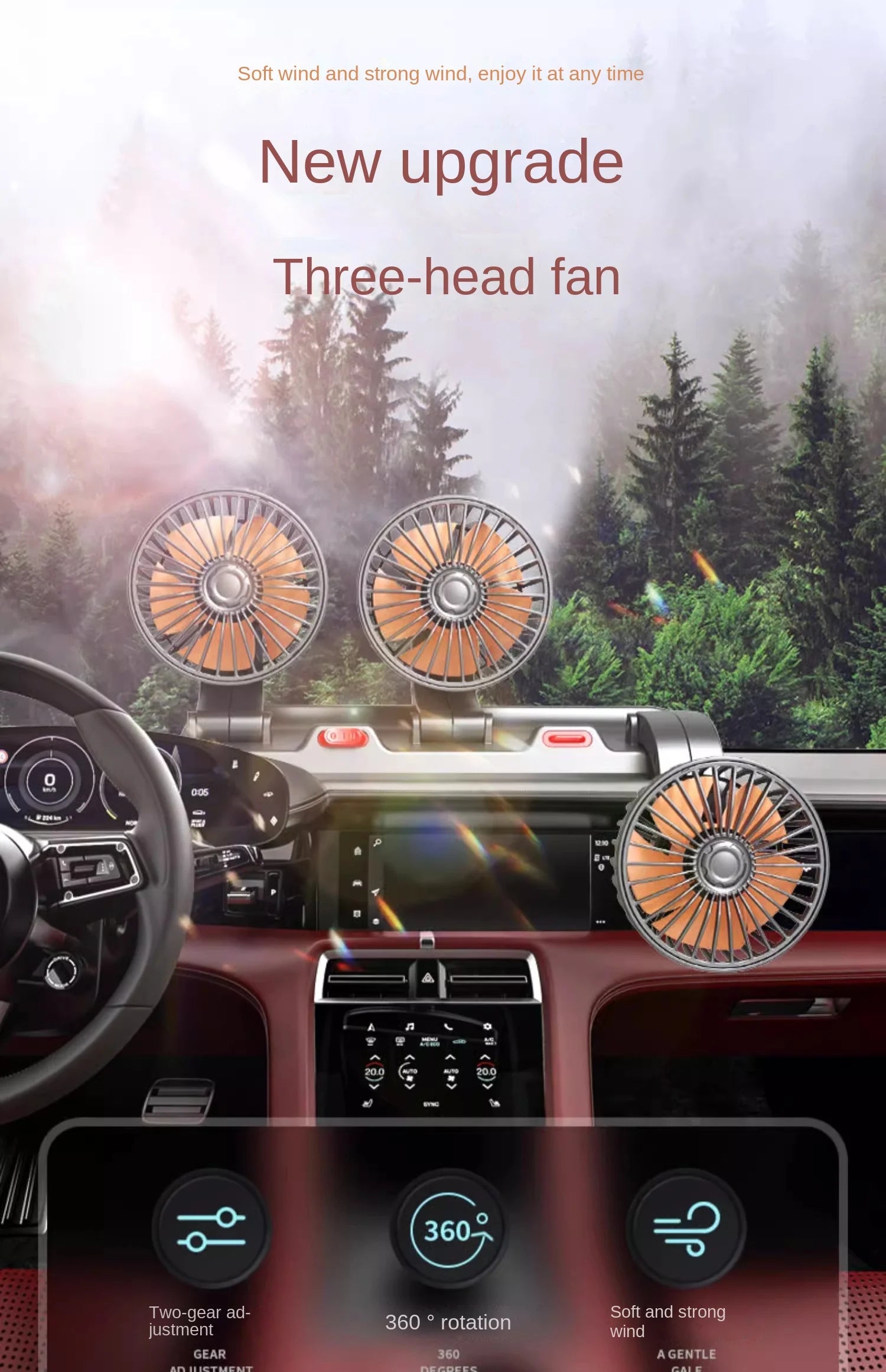 3-Head Car Fan – 360° Adjustable, USB/12V/24V, 2 Speeds