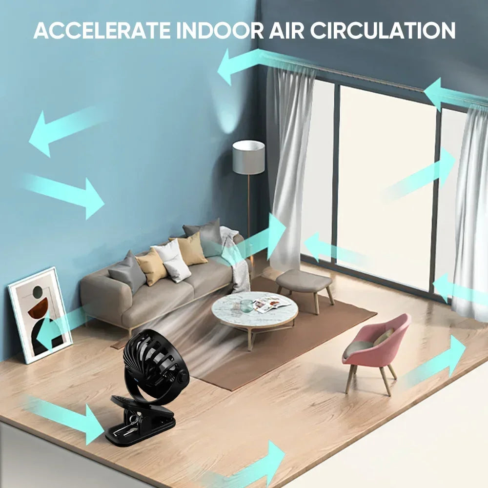 Portable Clip on Fan USB Desk Fan 3 Speeds Quiet Wind Rotate Personal Electric Fan Standing Fans For Office Student Deskto