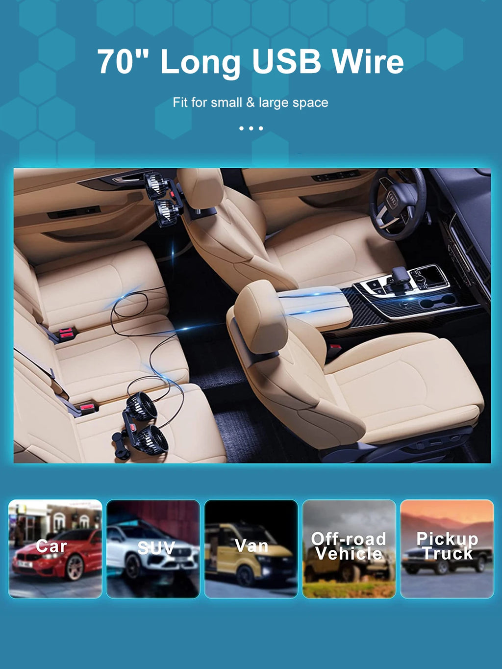 Car Seat Cooling Fan – 360° Dual Head USB