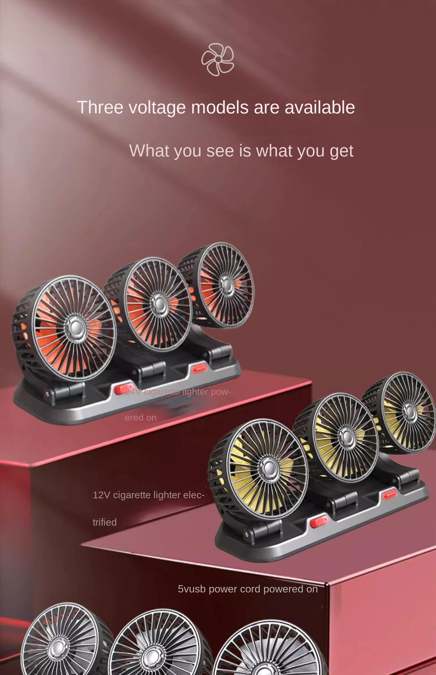 3-Head Car Fan – 360° Adjustable, USB/12V/24V, 2 Speeds