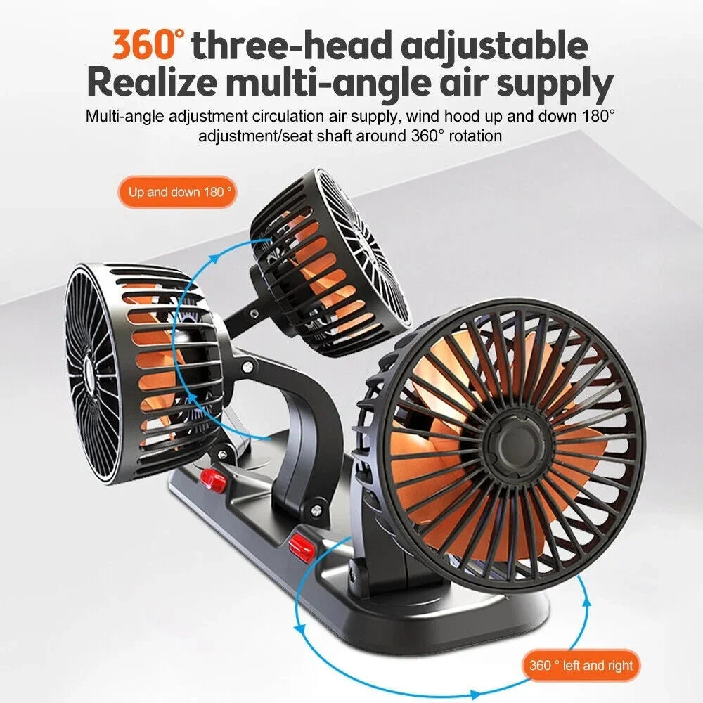3-Head Car Fan – 360° Adjustable, USB/12V/24V, 2 Speeds