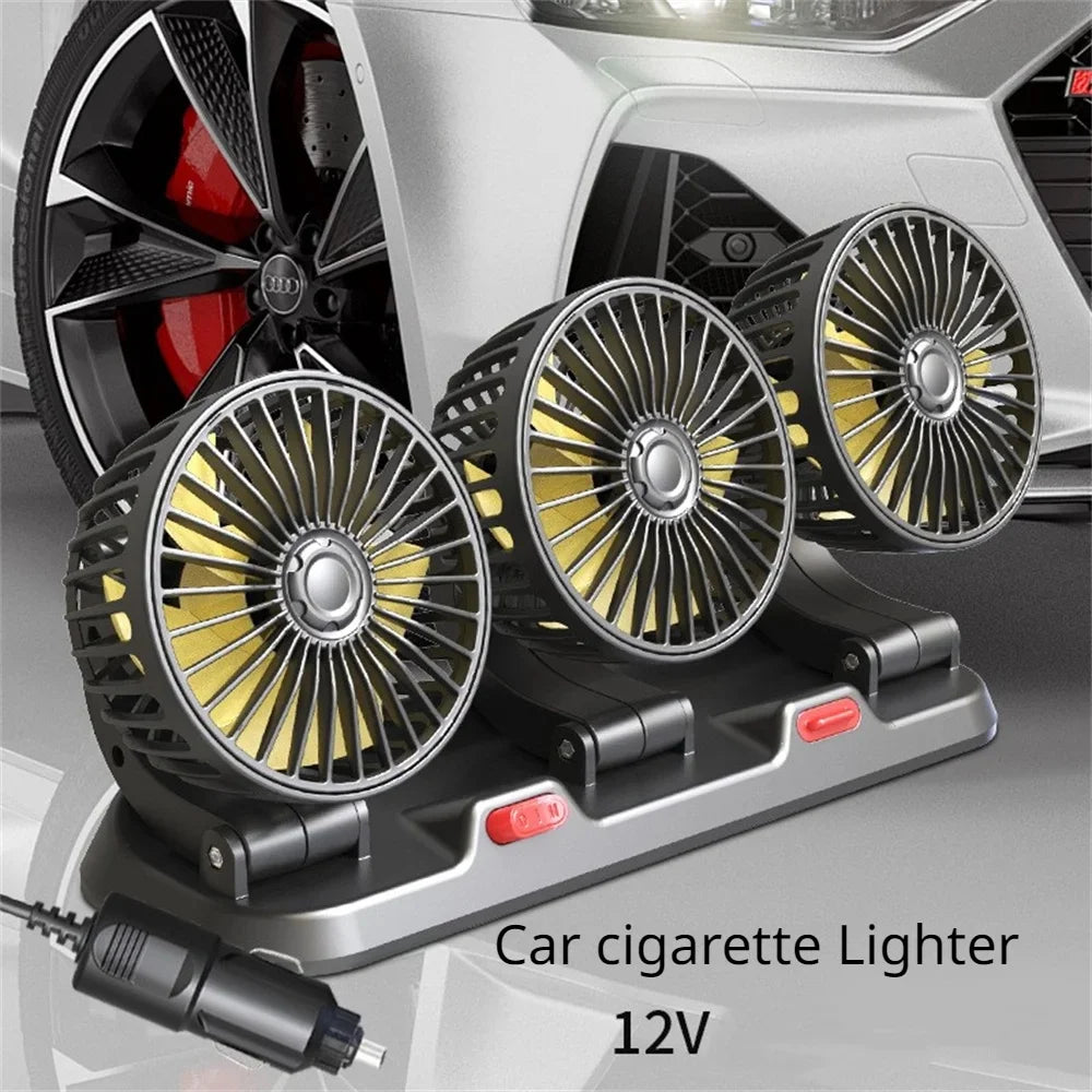 3-Head Car Fan – 360° Adjustable, USB/12V/24V, 2 Speeds