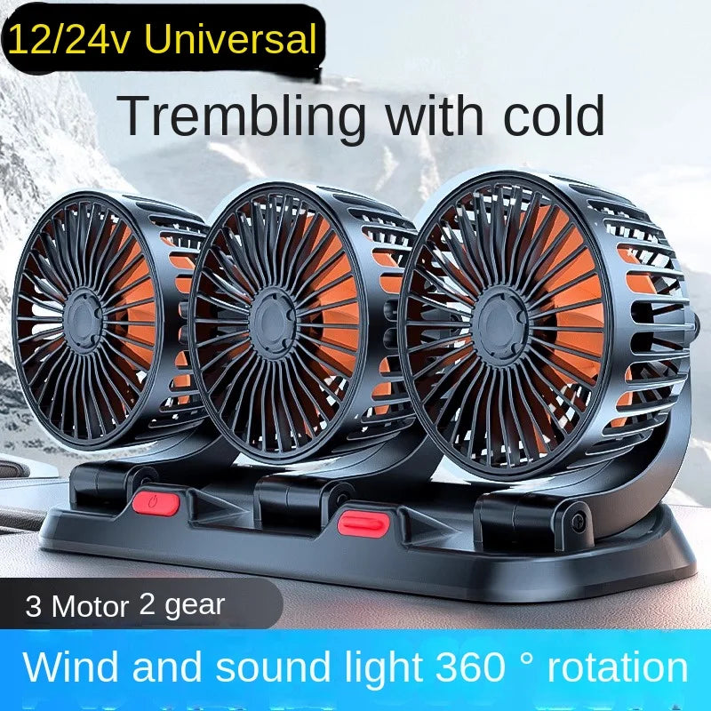 3-Head Car Fan – 360° Adjustable, USB/12V/24V, 2 Speeds