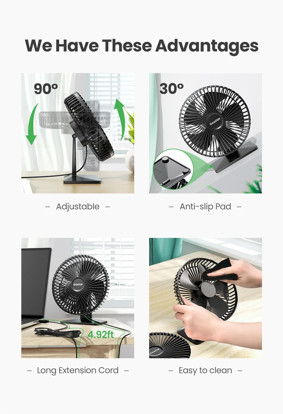 GAIATOP Portable USB Desk Fan – 90° Tilt, 3 Speeds, Ultra Quiet
