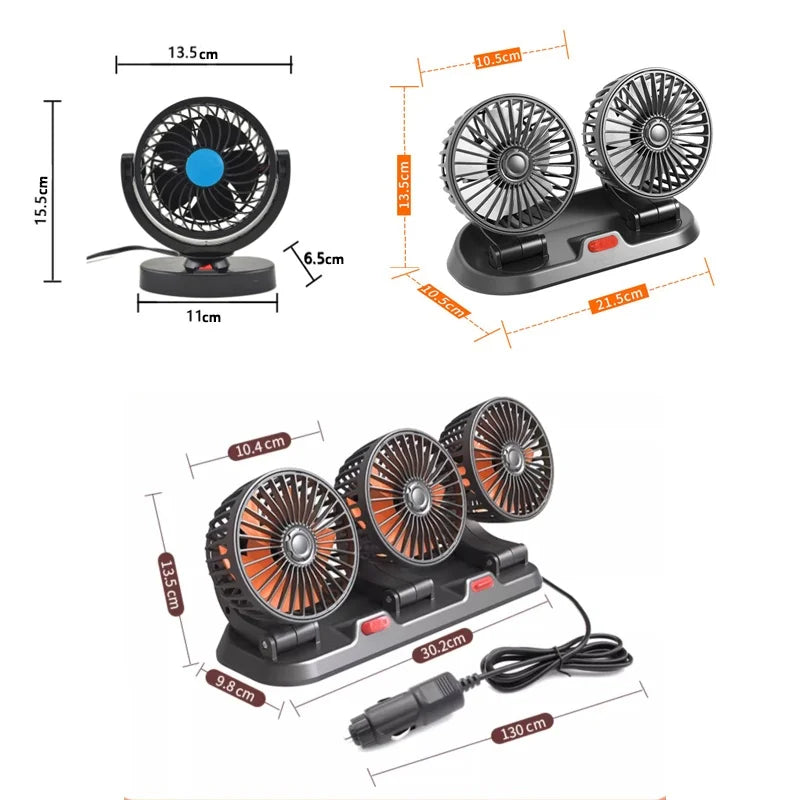 3-Head Car Fan – 360° Adjustable, USB/12V/24V, 2 Speeds