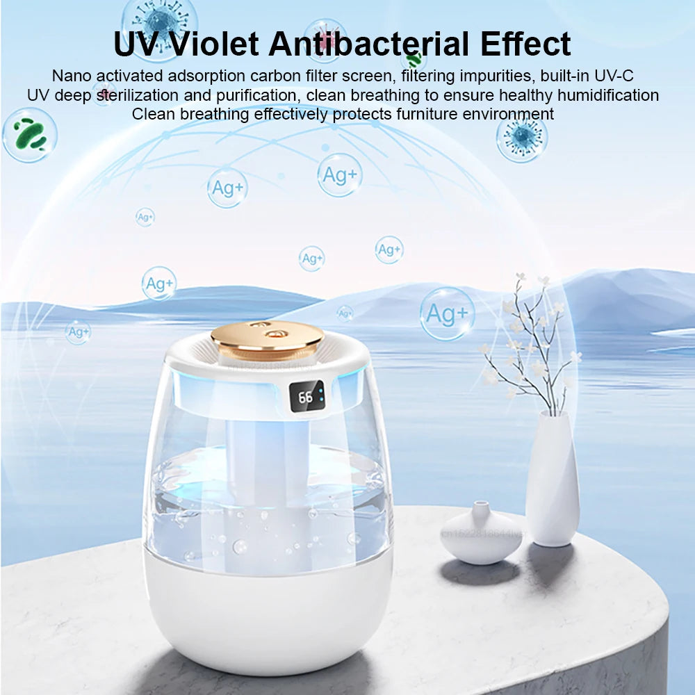 White cool mist air humidifier with dual spray nozzle and LED temperature display