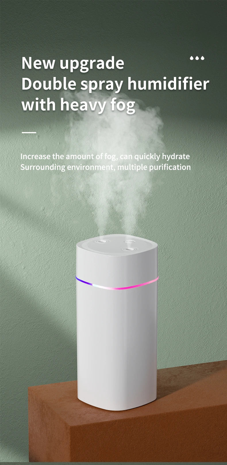 Creative Dual Nozzle Desktop Humidifier – USB, 7 Colour Ambient Light, Aromatherapy