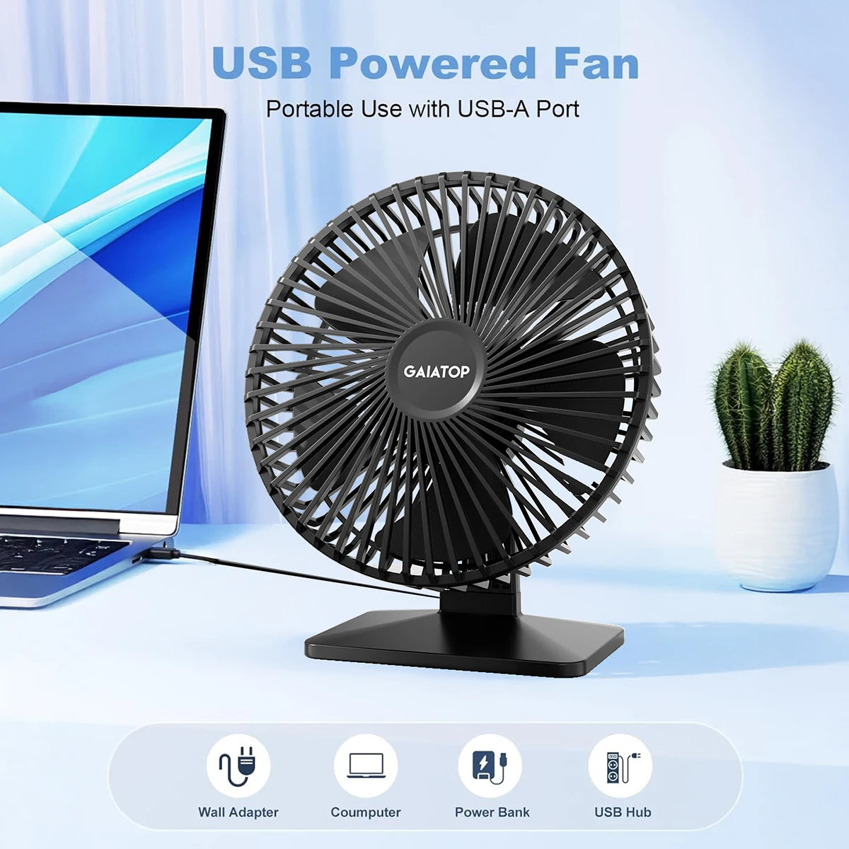 GAIATOP Portable USB Desk Fan – 90° Tilt, 3 Speeds, Ultra Quiet