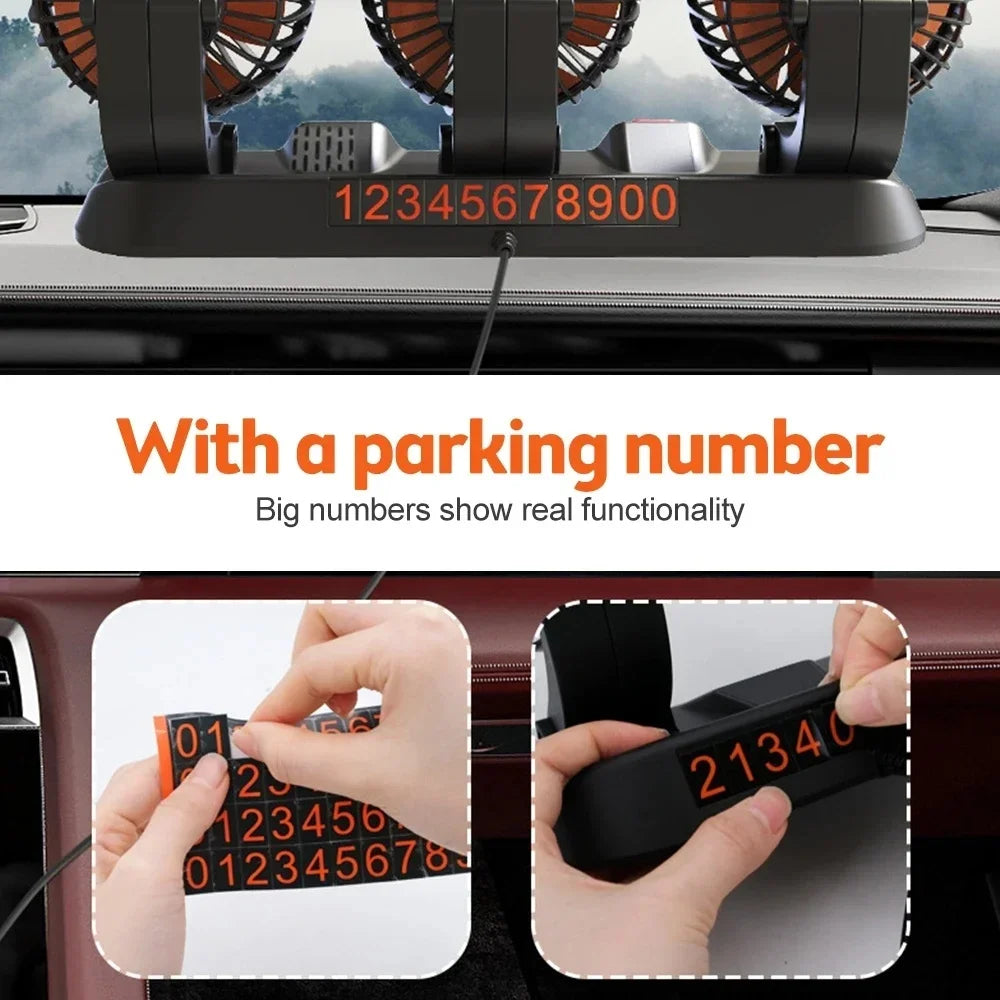 3-Head Car Fan – 360° Adjustable, USB/12V/24V, 2 Speeds