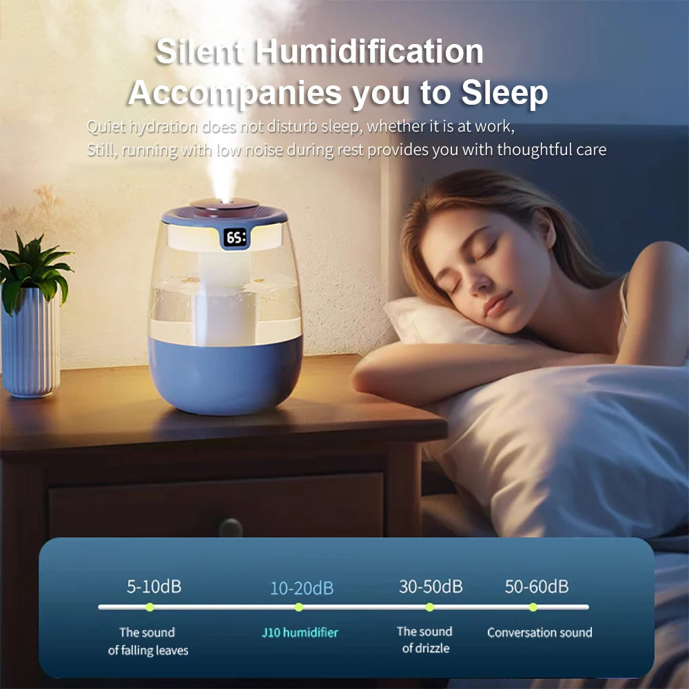 White cool mist humidifier on nightstand with mist rising